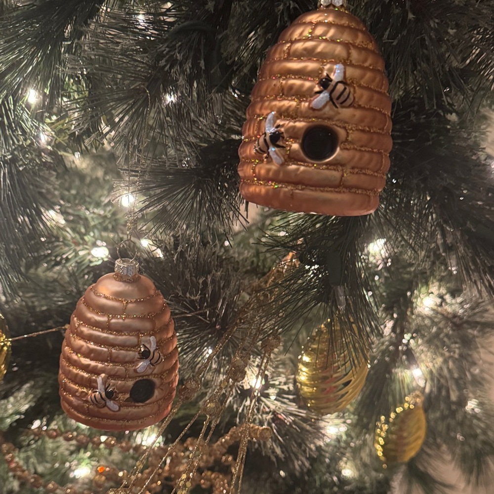 Gold Beehive Hornet Nest Bee Holiday Ornament Set
